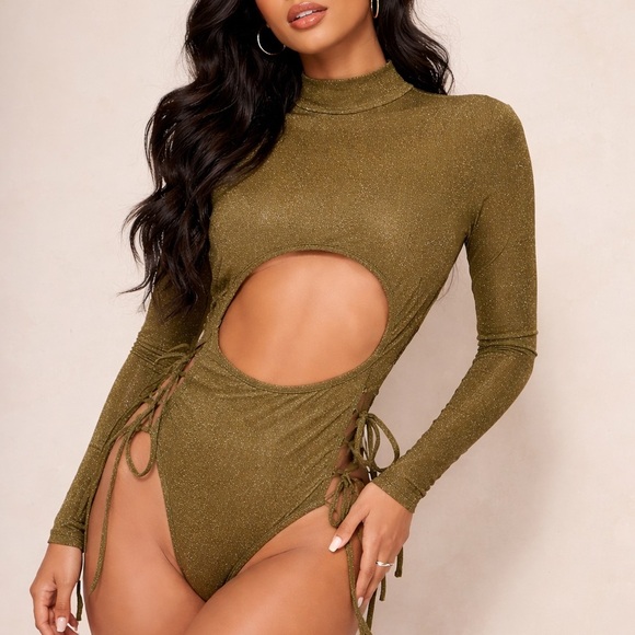 Savage X Fenty Tops - Savage X Fenty Shimmer metallic Cutout Lace-Up Bodysuit Olive Green L NWT